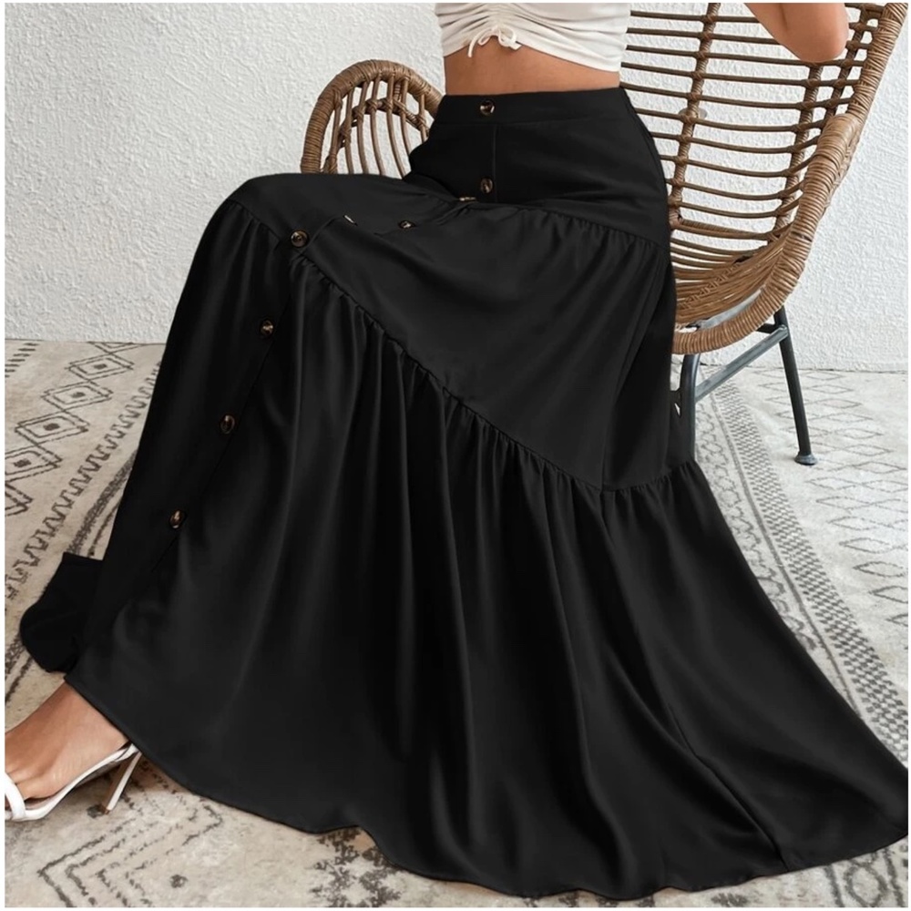 Solid High Waist Button Detail Ruffle Hem Maxi Skirt - Picture 9 of 15